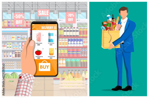 Man delivering grocery bag with man shopping on smartphone. Online food order and delivery service concept. Supermarket background.