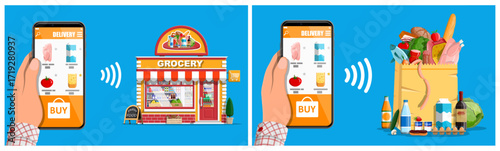 Man holding smartphone with grocery delivery app. Concept of online food ordering and quick home delivery from local store.