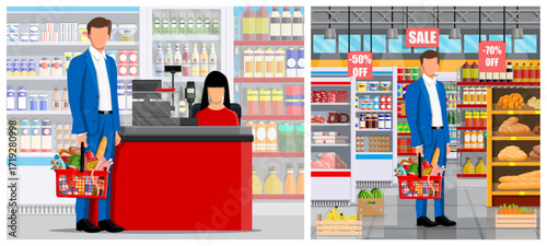 Man customer with shopping basket at grocery store checkout and man shopping in supermarket. Retail discount sale concept.