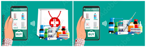 Man hand holding smartphone with online pharmacy application. Order medicine from mobile phone. Drugstore delivery concept.