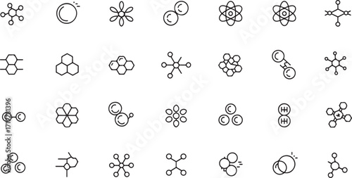 Black and white molecular structure icons set – abstract chemistry and science symbols for digital design