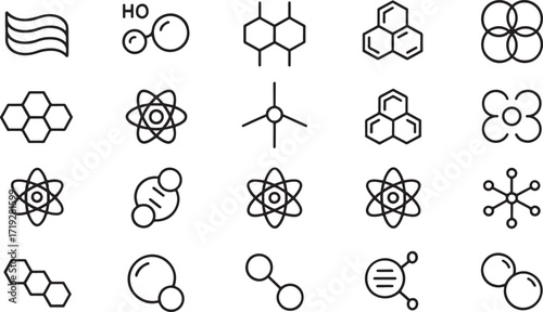 Black and white molecular structure icons set – abstract chemistry and science symbols for digital design