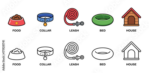 daily essentials dog icon set with food, collar, leash, bed and house symbols, vector illustrations for pet care and canine accessories