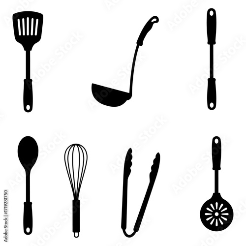 Kitchen tools, illustration of essential cooking utensils, perfect for culinary designs and food-related projects