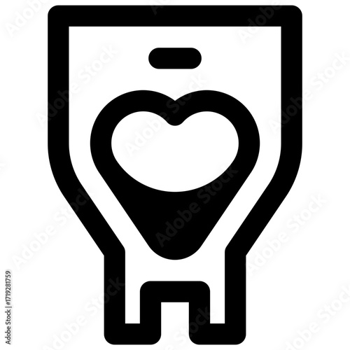 Heart shaped blood bag. Outlined stroke vector icon with black-filled details.