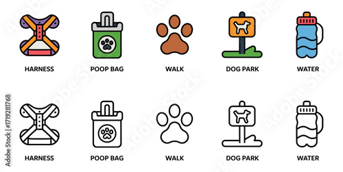 walks and outings dog icon set with harness, poop bag, walk, dog park and water symbols, vector illustrations for canine exercise and pet care