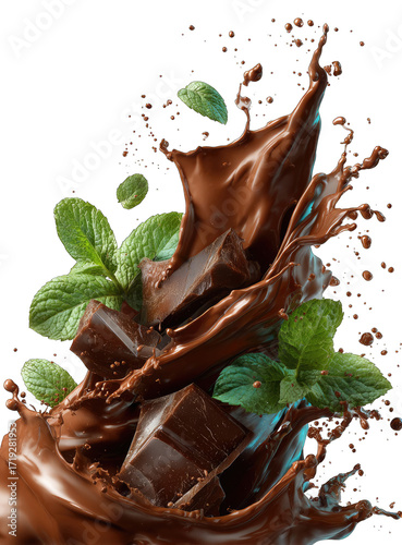 Dark chocolate pieces and mint leaves in a splash of liquid chocolate