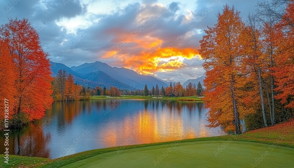 Fototapeta premium Autumn sunset over a tranquil lake