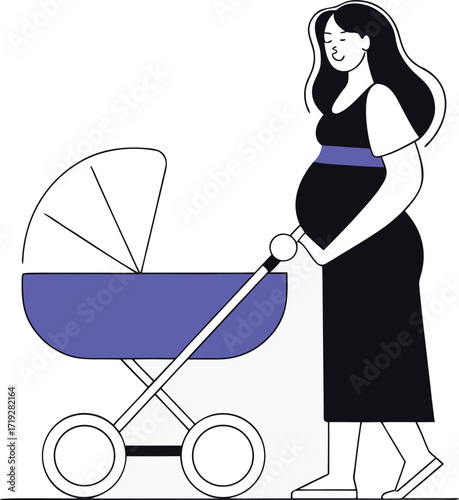 Pregnant Woman Pushing Stroller Flat Design With Purple Accents vector