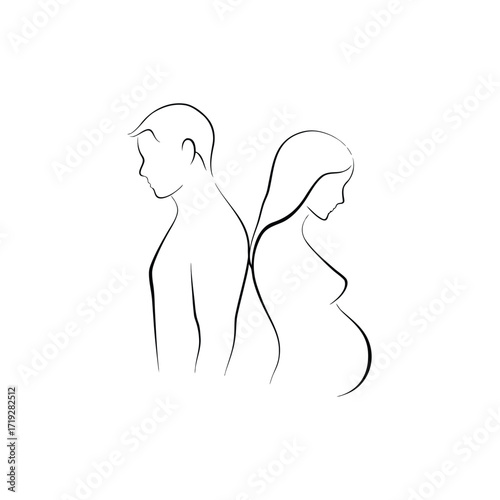 Minimalist line art illustration of a man and a pregnant woman standing back to back on white