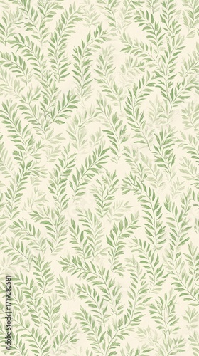 A repeating pattern of stylized green leaves on a pale background. The leaves are simple, slightly varying in size and orientation, creating a delicate and subtle texture