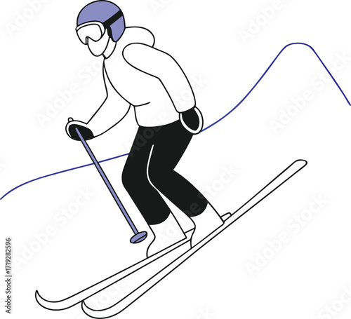 Stylized illustration of a skier descending a slope with blue contour lines skiing winter sport
