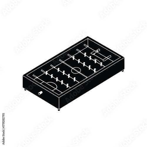 Isometric illustration of a foosball table with white details on a black background design