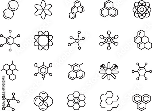 Black and white molecular structure icons set – abstract chemistry and science symbols for digital design