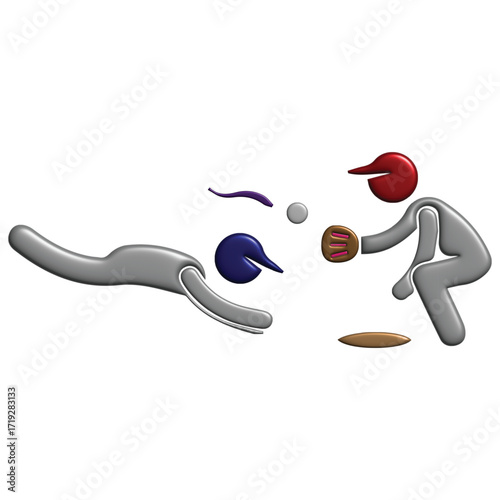 Abstract 3D illustration depicting a baseball game with stylized figures in action on a white background