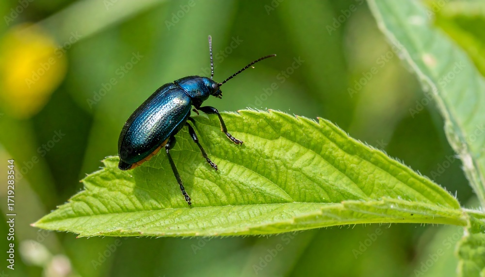 Fototapeta premium Iridescent blue beetle on green leaf