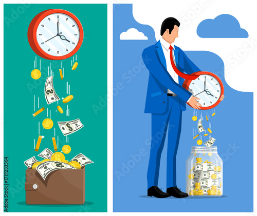 Time is money concept with falling coins and banknotes into wallet and man saving money in jar