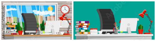 Modern office workspace with computer monitor in flat design. Minimalist desk setup. Efficient home office environment for distant work.
