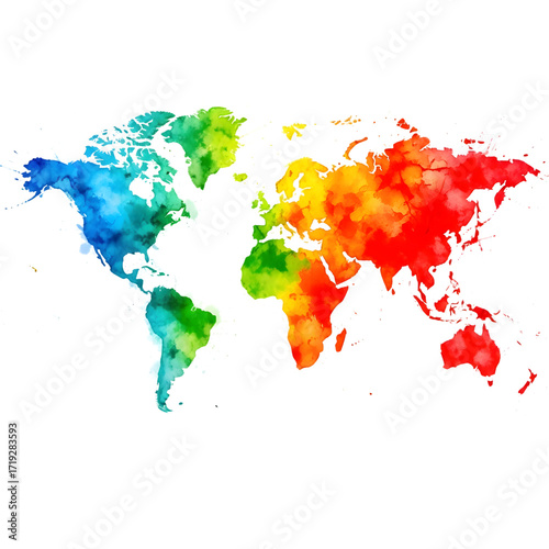Fototapeta Naklejka Na Ścianę i Meble -  Colorful watercolor world map isolated on transparent background representing global diversity and international connections