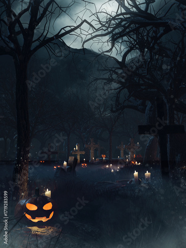 Spooky Halloween cemetery with pumpkins, candles, stone crosses, and large withered trees. Image made with 3d resources and painted elements. No AI used.