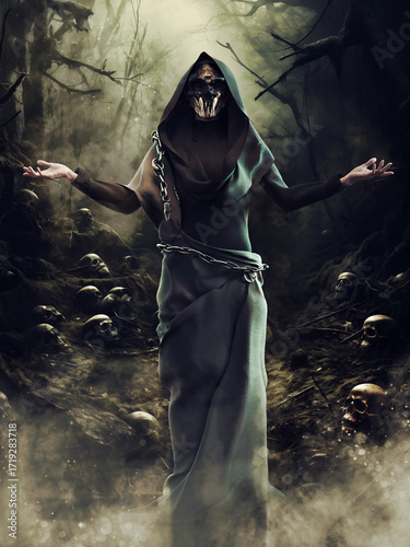 Horror scene with a man standing in a forest, wearing a grim reaper mask, surrounded by trees and skulls. Image made with 3d resources and painted elements. No AI used.