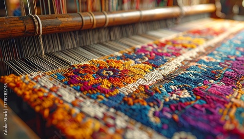 Close-up of a vibrant, intricately woven tapestry on a wooden loom, showcasing traditional craftsmanship and colorful textile art