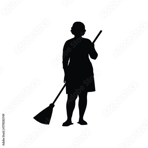 Silhouette of a woman standing with a broom in her hand and a clean white isolated background seen