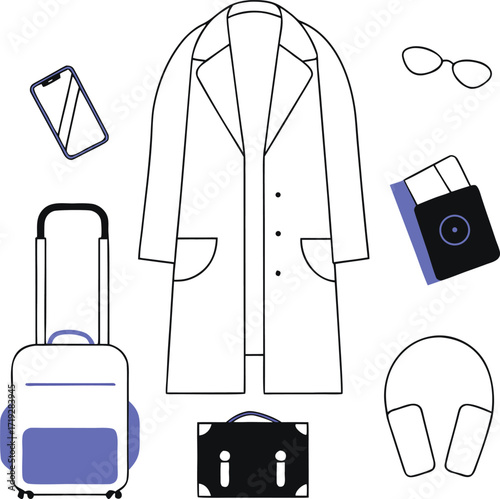 Travel Essentials Flat Lay Illustration Keywords travel, essentials, luggage, suitcase, coat