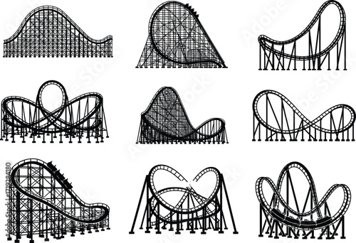 Roller coaster silhouette set, nine unique amusement park ride designs with loops, drops, twists, vector icons for engineering and entertainment