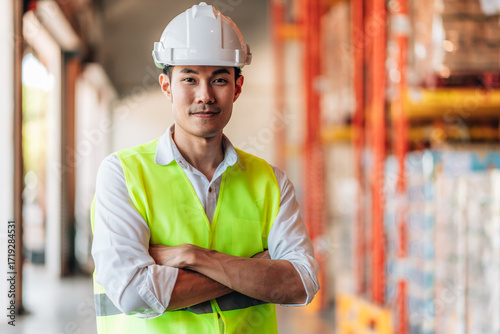 A male warehouse manager in a white shirt, a white hard hat, and a neon green reflective vest stands with his arms crossed. He is looking camera.a sense of professional supervision and order.