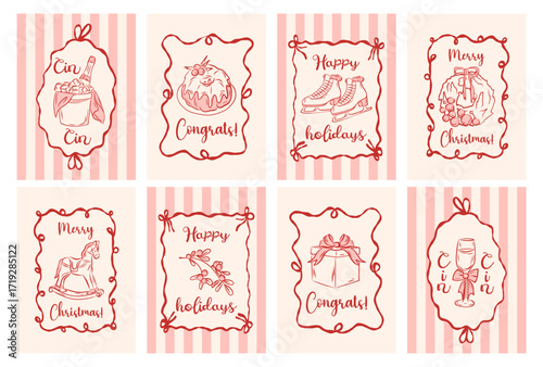 Set of vintage Christmas cards. Hand-drawn coquette Christmas elements candle, wreath, ice skates, cake, champagne, gift and more. 