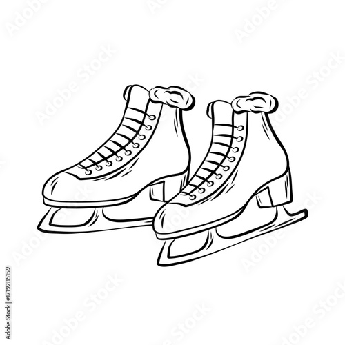 Linear illustration of skates on a white background. Ice skates for figure skating. Retro engraving. Sports equipment.