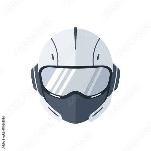 Illustration of a futuristic white helmet with dark visor and ear covers.