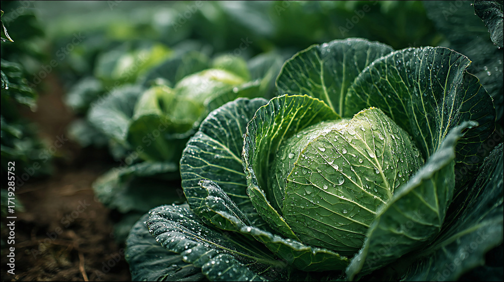 Obraz premium Fresh green cabbages growing in a garden. The cabbages are surrounded by lush green leaves and show droplets of water on their surface.