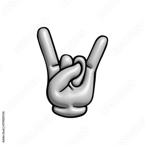 A 3D cartoon illustration of the classic rock on hand gesture. This gray, volumetric symbol represents heavy metal, music, and rebellion, isolated on a white background
