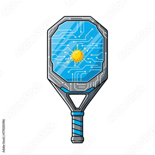 Futuristic pickleball paddle with circuit board design and glowing ball.