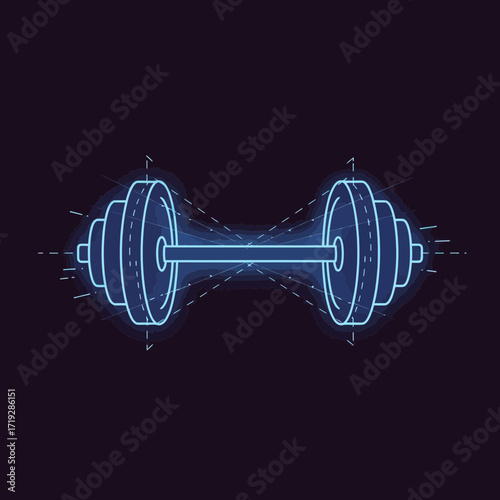 Neon blue dumbbell illustration on a dark background.