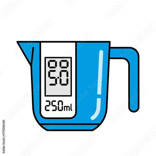 Blue digital measuring cup with handle and display showing 5.0 and 250ml.