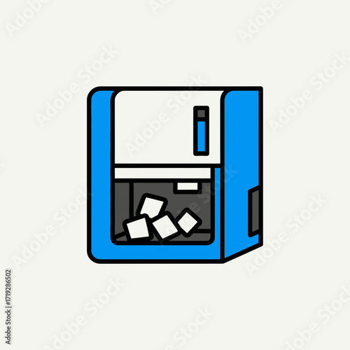 Illustration of a blue ice maker with ice cubes inside.