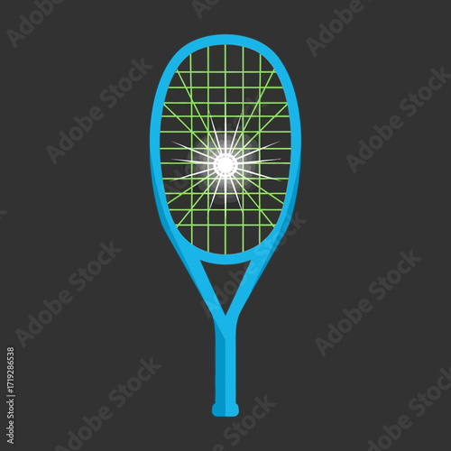 Illustration of a blue tennis racket with a bright white ball.