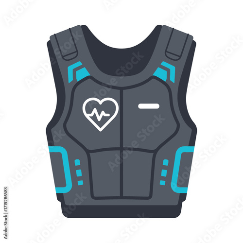 Illustration of a gray tactical vest with a heart monitor symbol.
