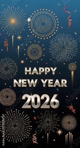 Happy New Year 2026 celebration with fireworks on a dark blue background.