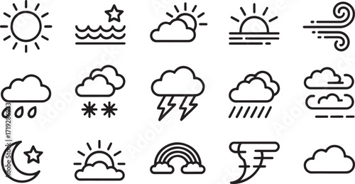 line weather icons set: sun, moon, clouds, rain, snow, lightning, wind, rainbow, tornado.
