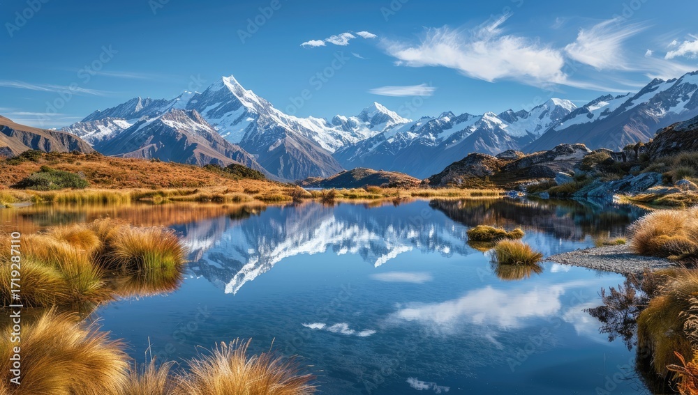 Fototapeta premium A tranquil alpine lake mirrors snow-capped mountains under a vibrant blue sky, with golden grasses framing the foreground