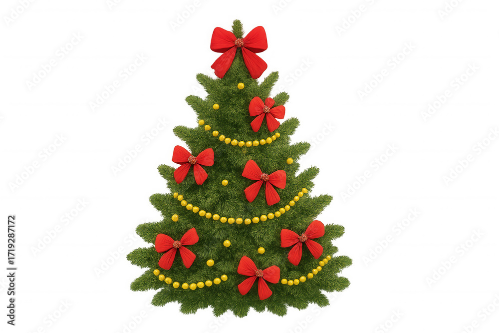 Naklejka premium Christmas tree decorated with red bows and yellow garland, symbolizing winter holidays and festive celebrations