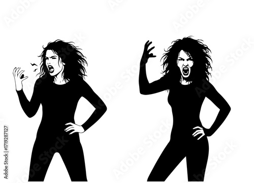 Aggressive female silhouette with messy hair shouting angrily.