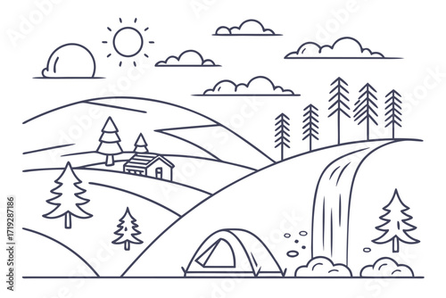 Vector illustration of a tranquil mountain village with houses nestled in a serene landscape under a summer sky
