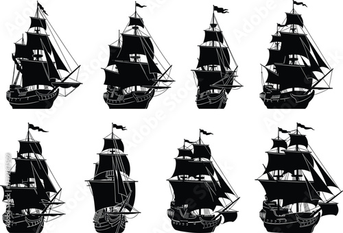 Sailing ship silhouette set, black vector icons, vintage naval vessels, pirate era illustration, classic maritime design, isolated sea transport art