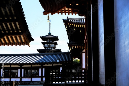 奈良、藥師寺、佛寺、寺院、文化財、木造建築、古代建築、日本文化、歷史名勝、文化財、木、綠色、青空、写真素材	