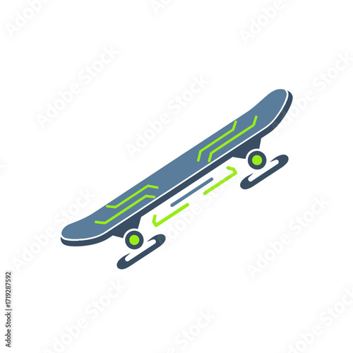 Illustration of a blue skateboard with green accents on a white background.